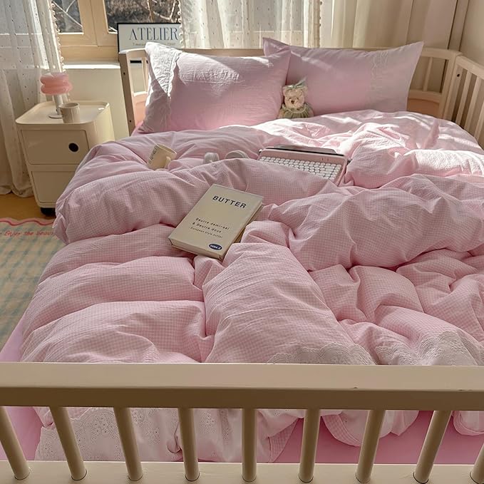 mixinni Pink White Gingham Duvet Cover Twin XL Size - Image 4