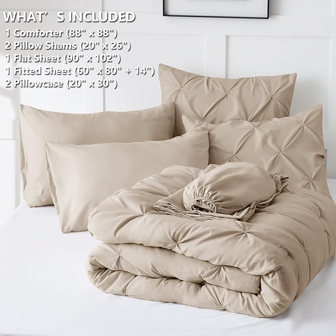CozyLux Queen Comforter Set Wheat, 7 Pieces Pintuck Bed in A Bag, Premium Wheat - Image 6