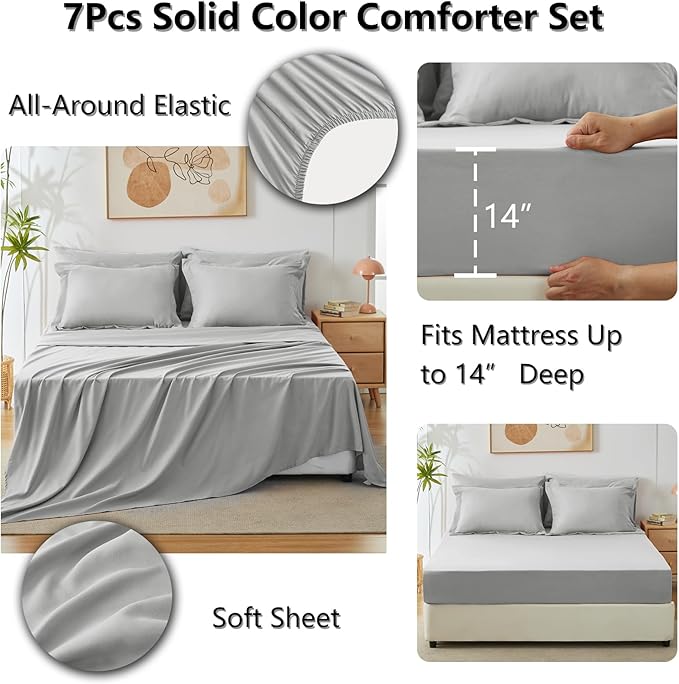 CozyLux King Size Comforter Set Light Grey, 7 Pieces Bed in a Bag King - Image 6