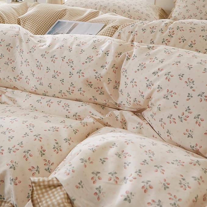 mixinni Beige Floral Duvet Cover Full Size, 100% Cotton Cute Strawberry Floral - Image 8