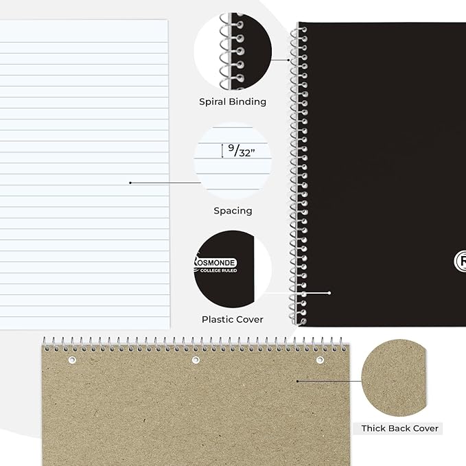 1 Subject Spiral Notebook, 50 Pack, College Ruled, Water Resistant Cover, Thick 140 Pages (70 Sheets), 8 x 10-1/2, 3 Hole Punched, Bulk School & Office, Black Cover-DeskoryOffice