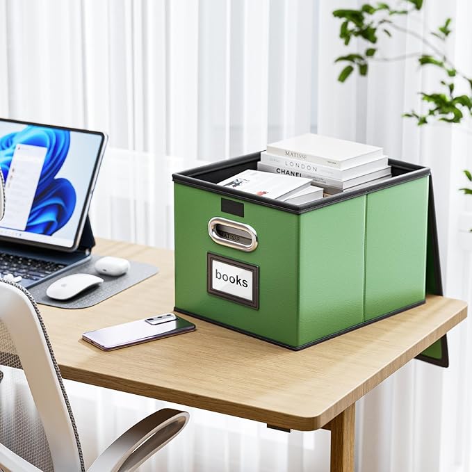 Huolewa Portable Leather File Organizer Storage Boxes, Collapsible File Folder Organizer Boxes with Lids, Document Organizer, Decorative Filing Box Cabinet for Letter/Legal File Folder Storage-DeskoryOffice