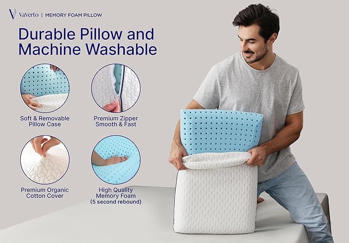 Vaverto Queen Memory Foam Pillow 2-Pack – Cooling Gel-Infused Orthopedic Bed - Image 3