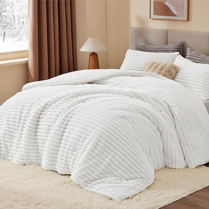 BEDELITE Fleece King Comforter Set -Super Soft & Warm Fluffy Bright White - Image 2