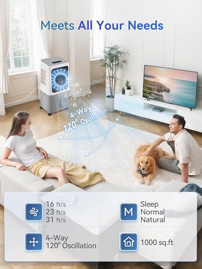 10 Gal Evaporative Air Cooler, 3000CFM Quiet Portable Air Conditioners, 35" Fast Cooling Swamp Cooler, 120° Oscillation, 12H Timer, 3 Speeds & Modes Remote Control for Living Room|Bedroom|Garage-DeskoryOffice