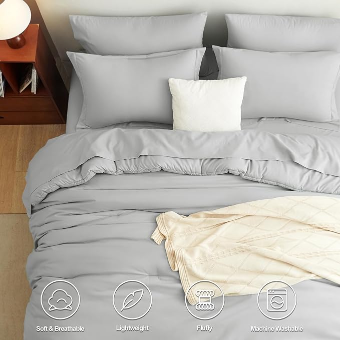 CozyLux Queen Comforter Set Light Grey, 7 Pieces Bed in a Bag Queen Comforter - Image 2