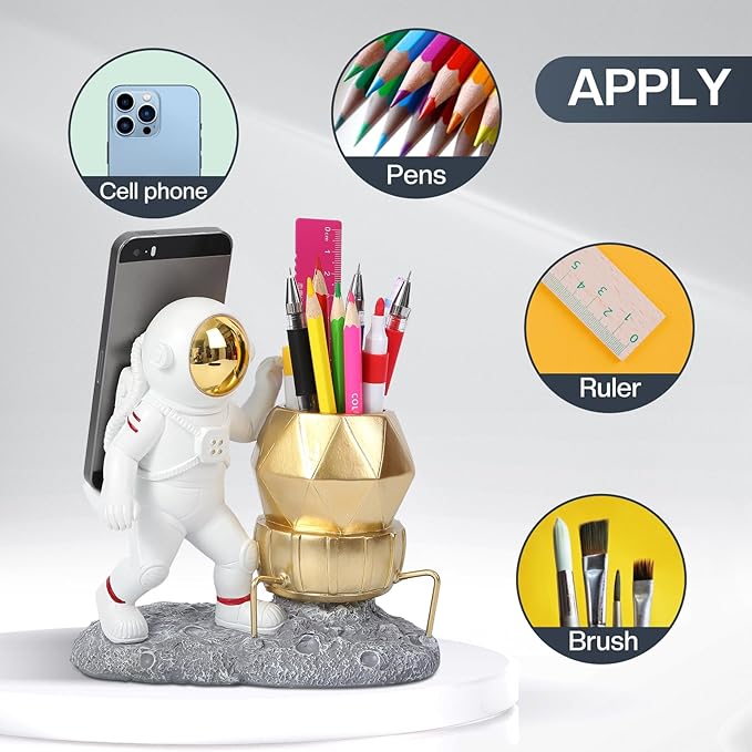 Astronaut Pen Pencil Holder with Phone Stand Resin Spaceman Pencil Holder Desk Pen Holder Organizer Decorative Accessories Suitable Office Classroom Home Creative Gifts for Adults and Kids-DeskoryOffice