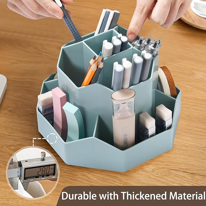 Pencil Pen Holder for Desk, 9 Slots 360 Degree Rotating Desk Organizer, Cute Pen Organizers Stationery Supplies for Office Home & Art Supply (Blue)-DeskoryOffice