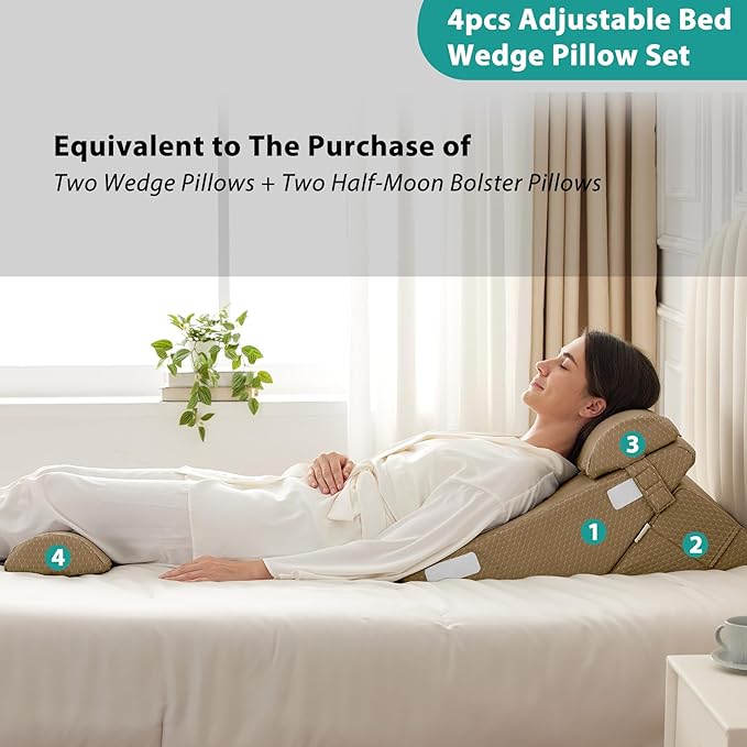 Bedluxe Adjustable 4pcs Bed Wedge Pillow Set, Memory Foam Wedges Pillow Post - Image 6