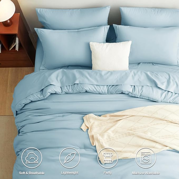CozyLux Queen Comforter Set Light Blue, 7 Pieces Bed in a Bag Queen Comforter - Image 2