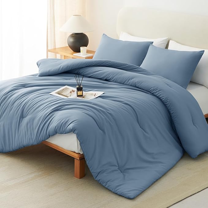 CozyLux Oversized Queen Comforter Set Grayish Blue, 3 Pieces 98x98 Solid by CozyLux