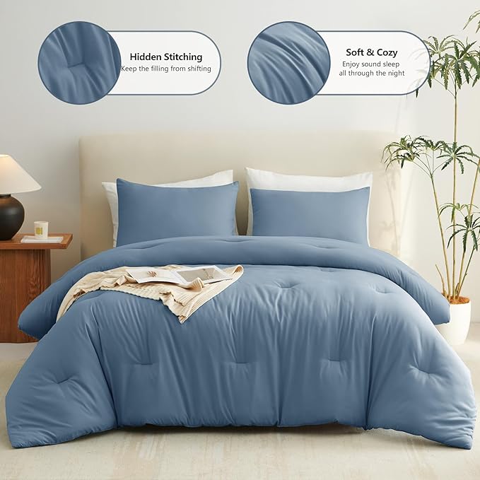 CozyLux Oversized King Comforter Set Grayish Blue, 3 Pieces 120x98 Solid - Image 2
