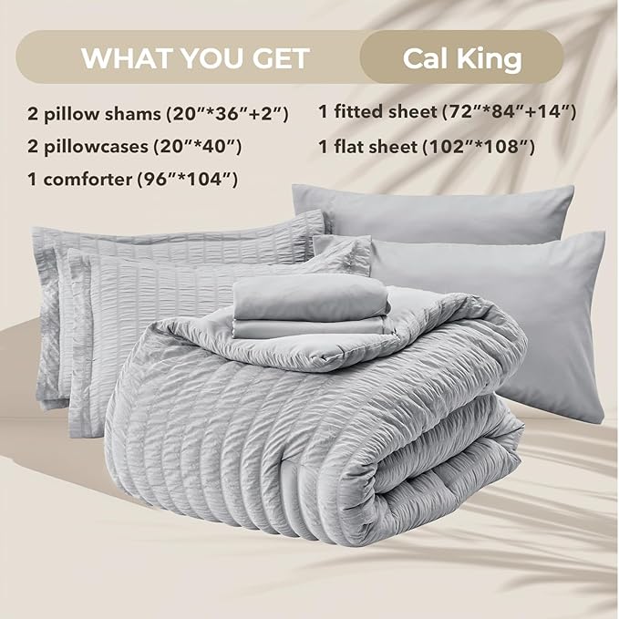 HYMOKEGE Light Grey California King Comforter Set Seersucker 7 Pieces, All - Image 5