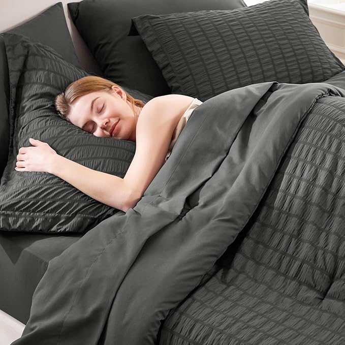 CozyLux Oversized King Comforter Set Dark Grey Seersucker 7 Pieces 120x98 Bed - Image 5