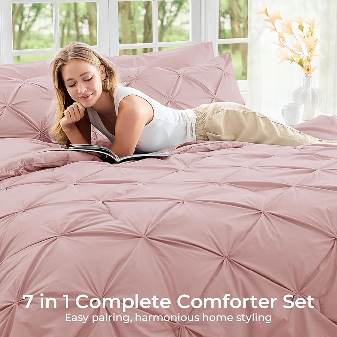 Sasttie King Size Comforter Set, 7-Piece Bed in a Bag, Pintuck Bedding Set - Image 6
