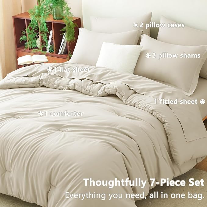 CozyLux Full Size Comforter Sets Oatmeal, 7 Pieces Bed in a Bag Full Comforter - Image 6