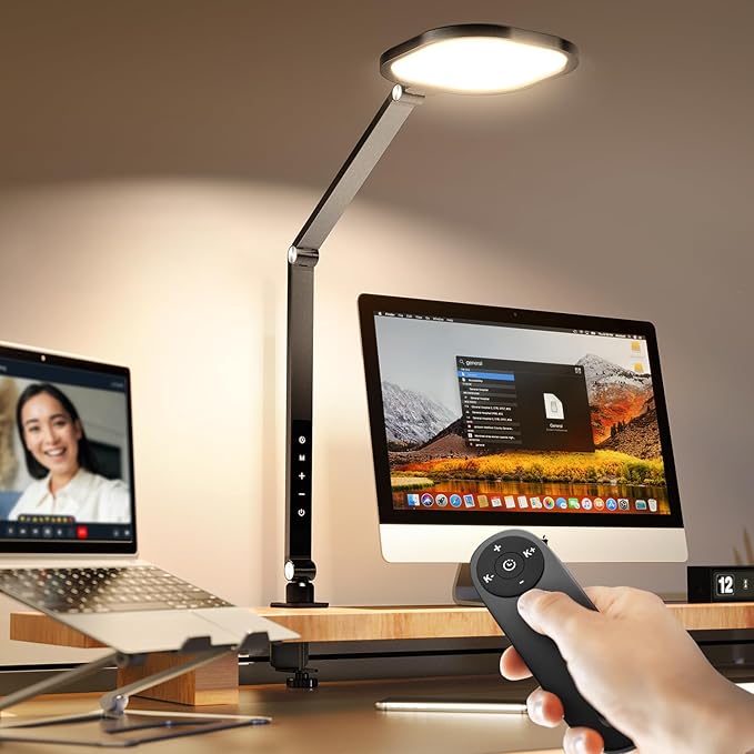 Led Desk Lamps for Home Office, Eye-Care Architect Light with Clamp, Dimmable Zoom Lighting with 3 Color Modes & 10 Brightness, Smart Computer Ring Light for Video Calls, Conference, Reading-DeskoryOffice