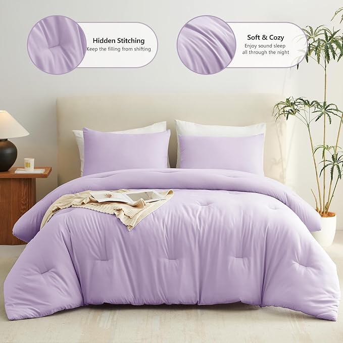 CozyLux Lavender King Size Comforter Set, 3 Pieces Light Purple Solid - Image 2