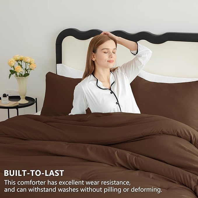 CozyLux California King Comforter Set Brown, 3 Pieces Cal King Solid Breathable - Image 3