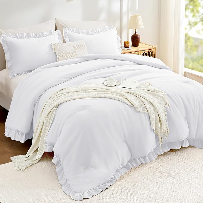 FUANNA King Size Comforter Set White, 3 Pieces Ruffle King Bedding Set - Image 2