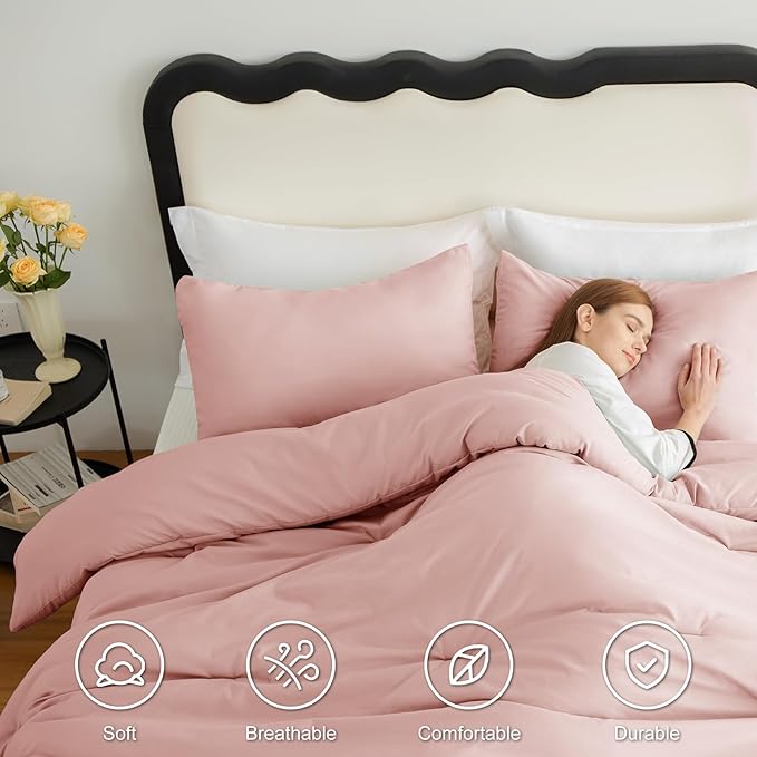 CozyLux Oversized Queen Comforter Set Blush Pink, 3 Pieces 98x98 Solid - Image 5