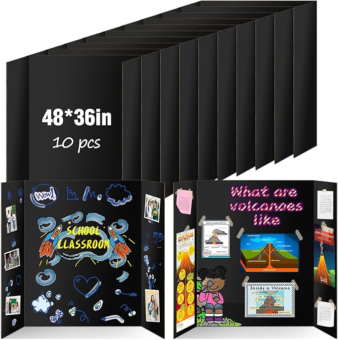 10 Pack Trifold Poster Board 48" X 36", IKAYAS Double Sided Black Poster Boards, Science Fair Display Boards for Mounting, Prints,Art,Display,Projects Classroom Supplies-DeskoryOffice