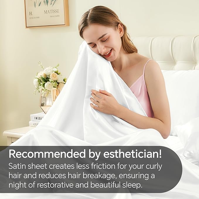 BEDELITE Satin Sheets Twin XL Size Bed Set, Luxury Soft White Silky Sheets - Image 4