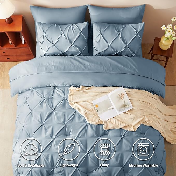 CozyLux King Size Comforter Set Mineral Blue, 7 Pieces Pintuck Bed in A Bag - Image 2
