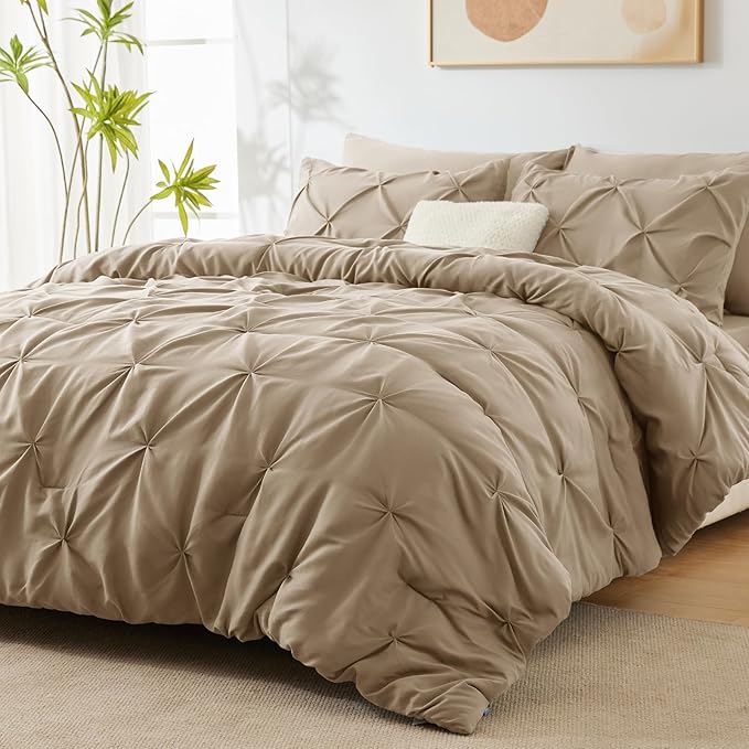 CozyLux Queen Comforter Set Taupe, 7 Pieces Pintuck Bed in A Bag, Premium Taupe - Image 7