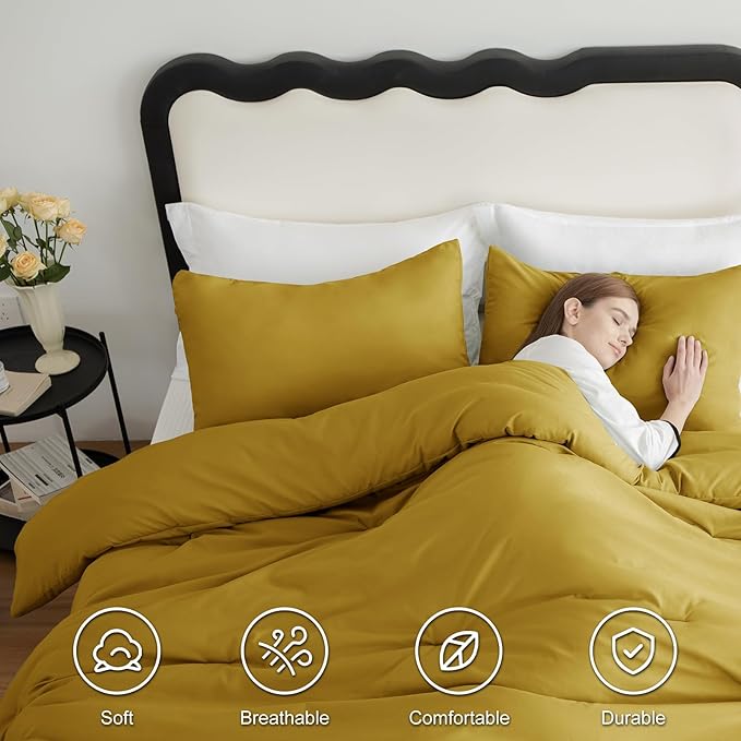 CozyLux King Size Comforter Set Mustard Yellow, 3 Pieces Solid Comforters King - Image 5