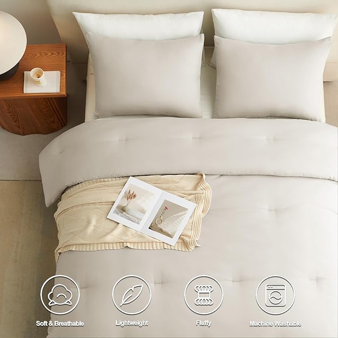 CozyLux California King Comforter Set Beige, 3 Pieces Cal King Solid Breathable - Image 4