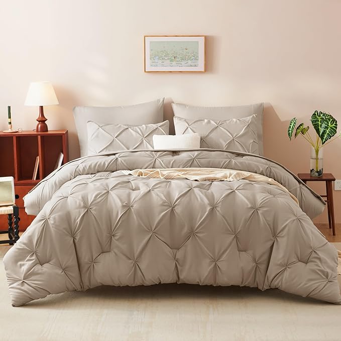 CozyLux Queen Comforter Set Wheat, 7 Pieces Pintuck Bed in A Bag, Premium Wheat - Image 9