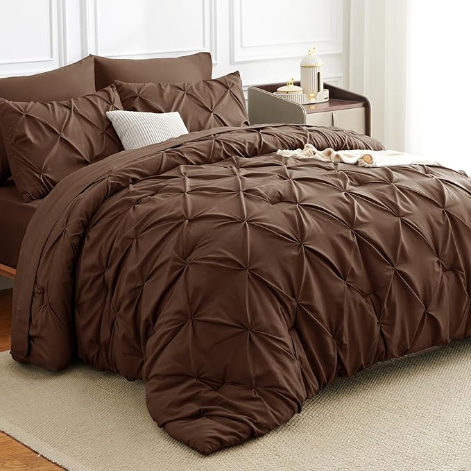 CozyLux Queen Comforter Set Brown, 7 Pieces Pintuck Bed in A Bag, Premium Brown - Image 4