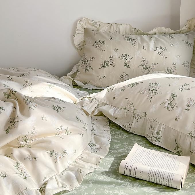 MKXI Botanical Floral Duvet Cover Twin XL Beige Girls Floral Ruffled Bedding - Image 7