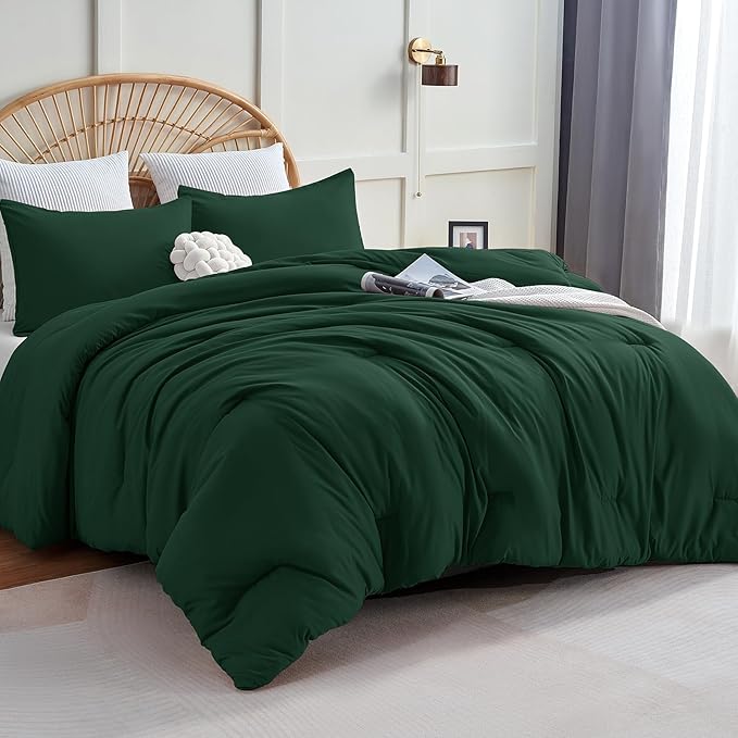 CozyLux King Size Comforter Set Emerald Green, 3 Pieces Solid Comforters King by CozyLux