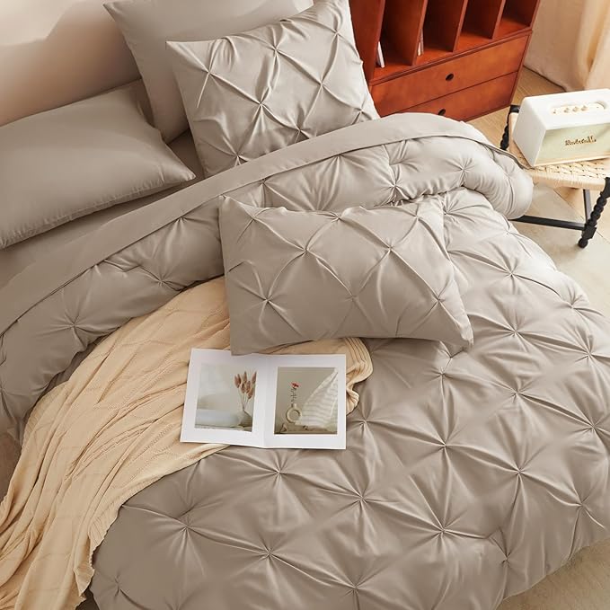 CozyLux Queen Comforter Set Taupe, 7 Pieces Pintuck Bed in A Bag, Premium Taupe - Image 4