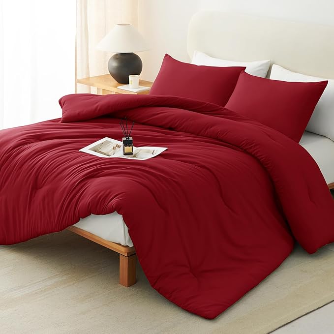 CozyLux Oversized King Comforter Set Dark Red, 3 Pieces 120x98 Solid Breathable - Image 8