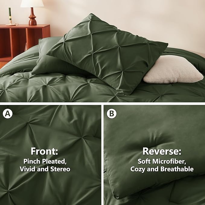 CozyLux King Size Comforter Set Olive Green, 7 Pieces Pintuck Bed in A Bag - Image 3