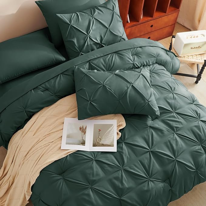 CozyLux King Size Comforter Set Forest Green, 7 Pieces Pintuck Bed in A Bag - Image 9