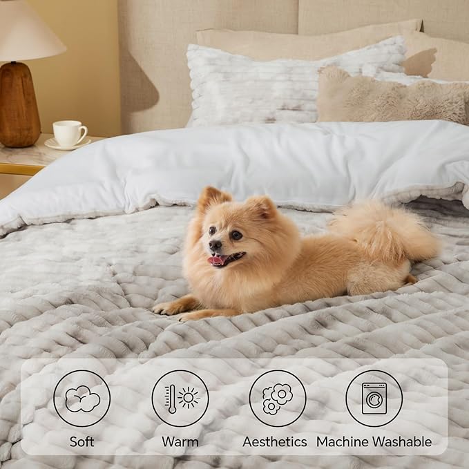 BEDELITE Fleece Queen Comforter Set -Super Soft & Warm Fluffy Grey&White Bedding - Image 3