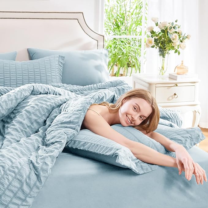 CozyLux Oversized King Comforter Set Light Blue Seersucker 7 Pieces 120x98 Bed - Image 5