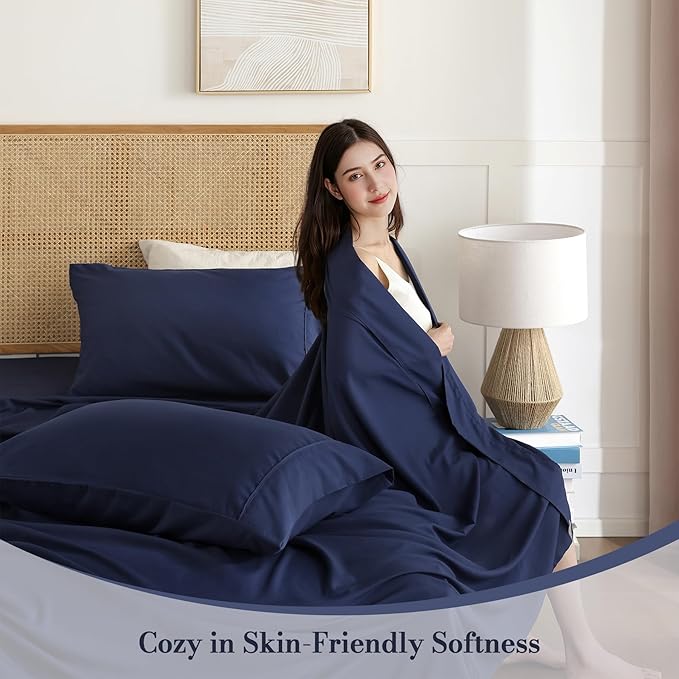 Queen Sheet Set 4 Pieces, Wrinkle Free, Oeko-Tex Certified Bedsheets，Navy Blue - Image 2