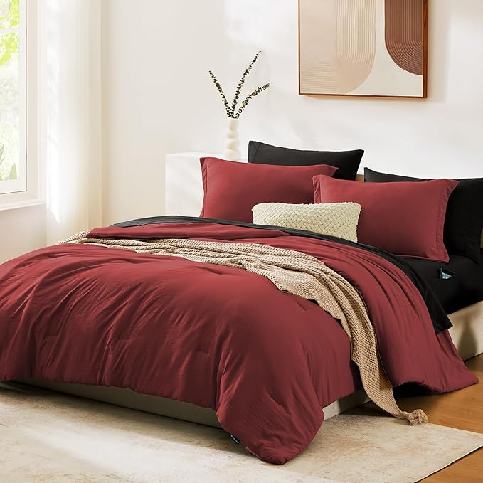 WRENSONGE Full Size Comforter Sets, 7 Pieces Bright Red Bed in a Bag - Image 2