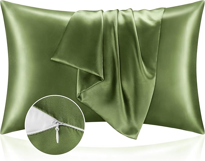 BEDELITE Satin Pillowcase with Zipper, Cedar Green Pillow Cases Queen Size Set by BEDELITE