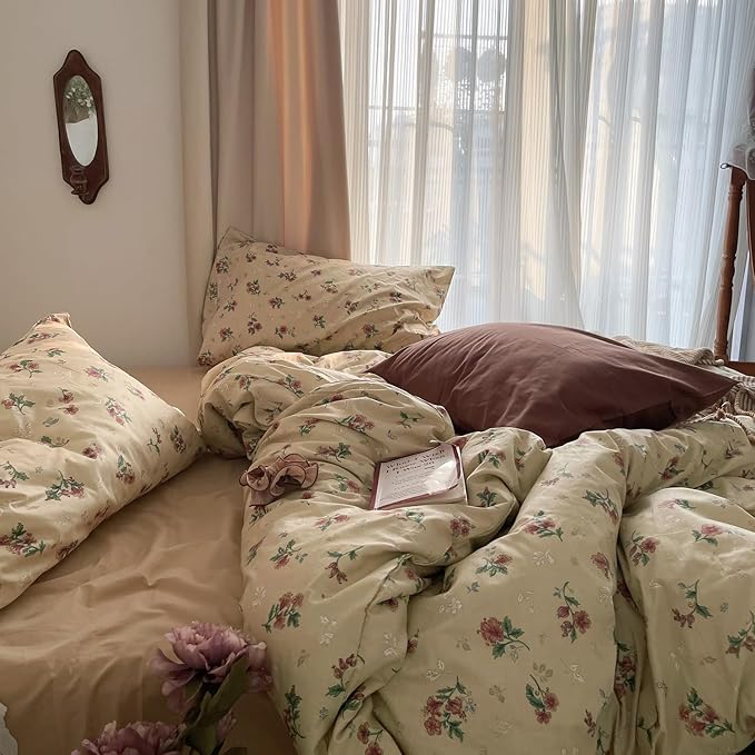 MKXI Yellowish Beige & Red Floral Duvet Cover Set Full Size - Image 5