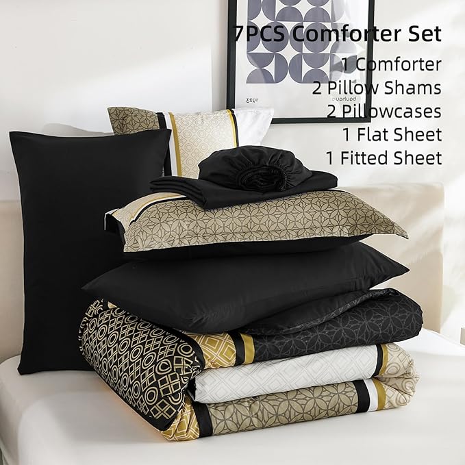 WONGS BEDDING Yellow Black Queen Comforter Set 7 Pieces, Boho Striped Bed in a - Image 6