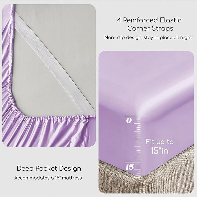MR&HM Satin Bed Sheets with Elastic Corner Straps, Queen Size Sheets Set - Image 4