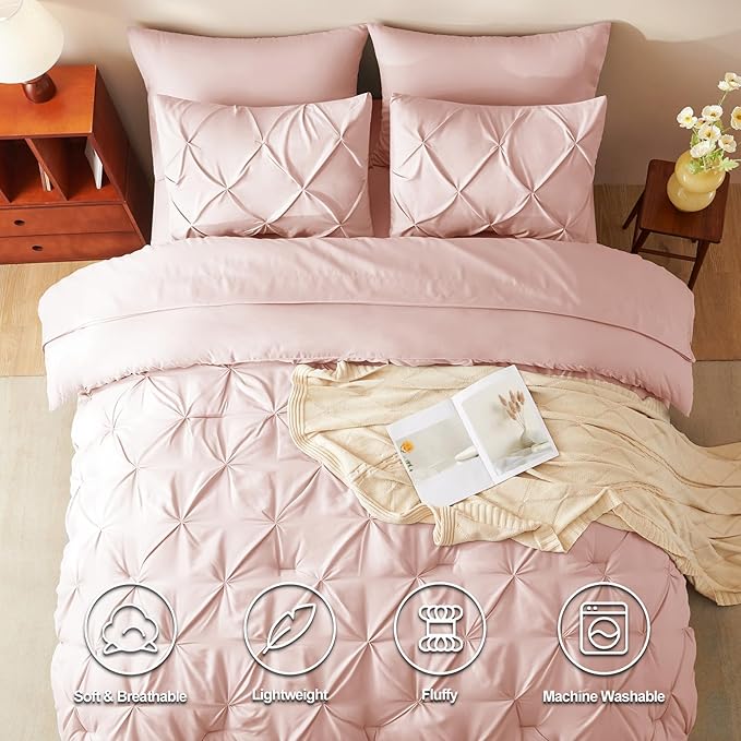 HIMEET Pintuck Bed in a Bag, 7 Pieces Full Size Comforter Set Blush Pink - Image 2