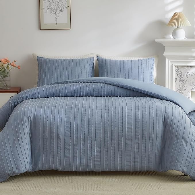 WARMDERN Blue Boho Duvet Cover Set Full Size, Striped Textured Duvet Cover by WARMDERN