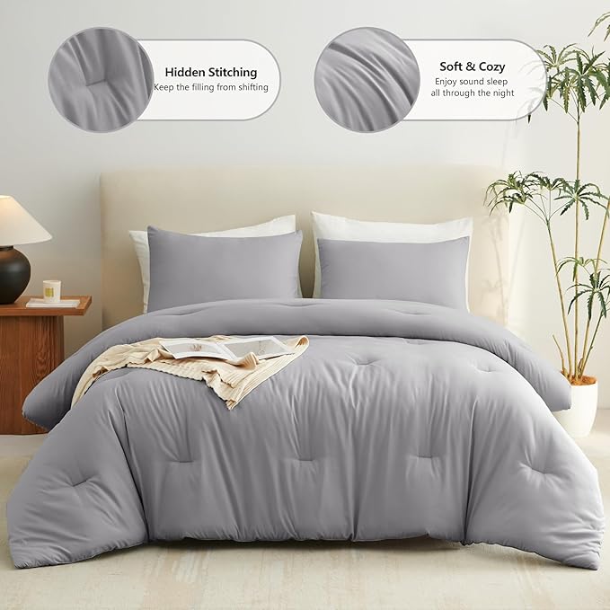 CozyLux Queen Comforter Set Grey, 3 Pieces Solid Comforters Queen Size - Image 2